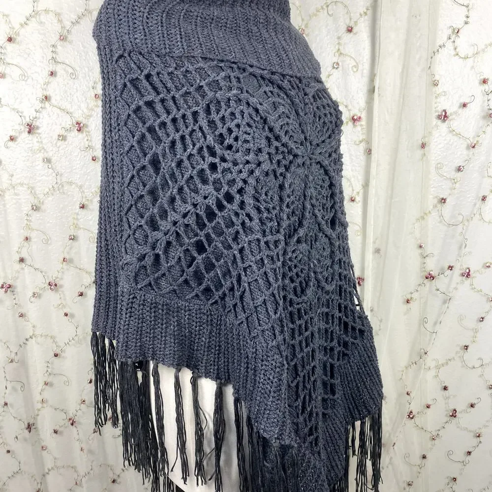 The Classic Gray Knit Tassel Fold Over Neckline Boho Hippie Earthy Poncho Shawl‎